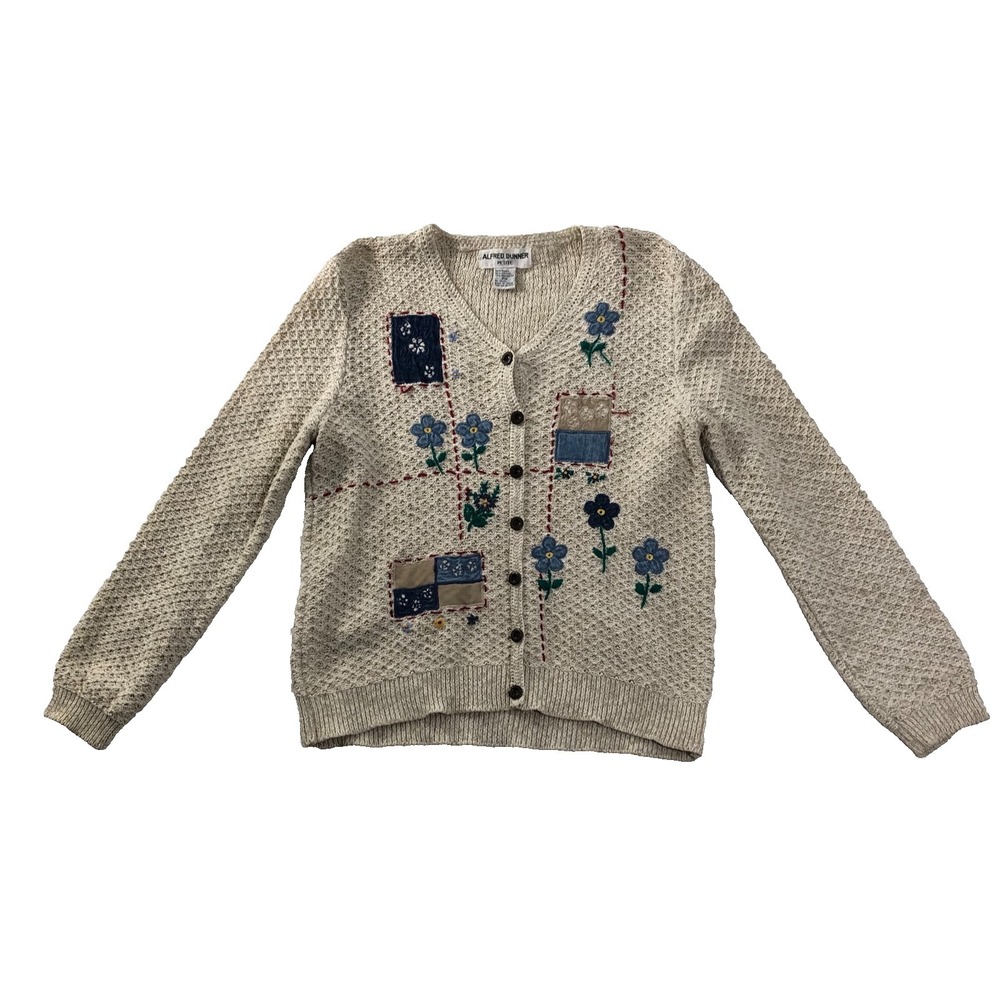 Alfred Dunner Cardigan Sweater Women's PM Petite Medium Tan‎ Floral Embroidered